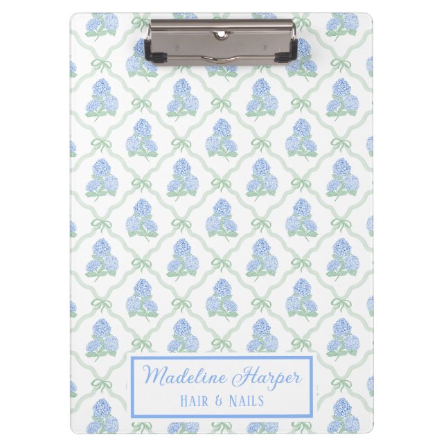 Preppy Trellis Bow Blue & Green Hydrangeas Monogra Klemmbrett (Vorderseite)