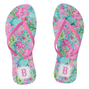 Preppy Tropical Hibisken Blume   Monogramm Flip Flops