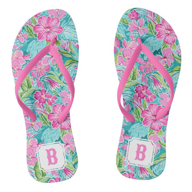 Preppy Tropical Hibisken Blume | Monogramm Flip Flops (Fußbett)