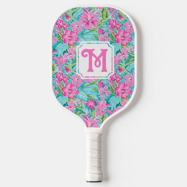 Preppy Tropical Hibiskus | Monogramm-Pickleball Pickleball Schläger (Vorderseite)