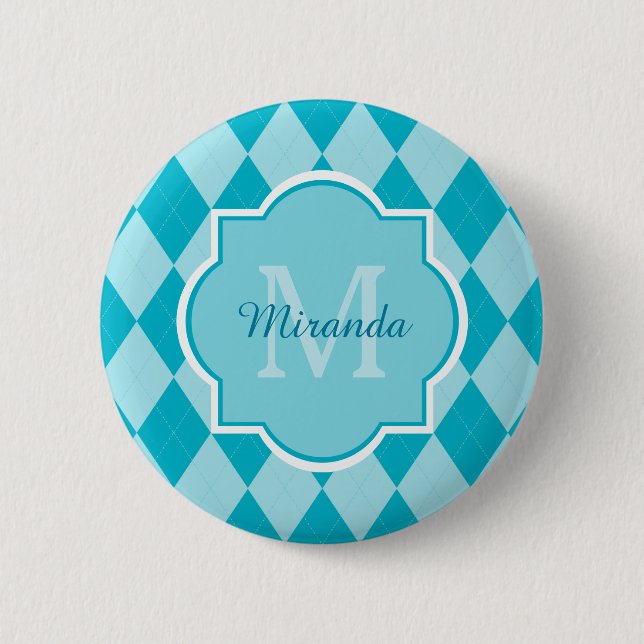 Preppy Turquoise Raute Girly Monogram und Name Button (Vorderseite)
