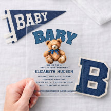 Preppy-Varsity-Teddybär-Baby-Shower-Acryleinladung