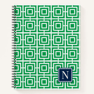 Preppy-Viereckgitter-Monogramm – Grün & Navy Notizbuch