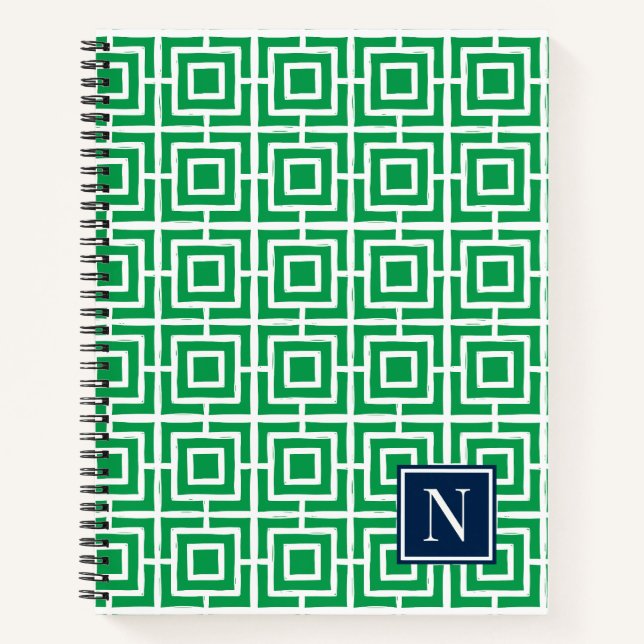 Preppy-Viereckgitter-Monogramm – Grün & Navy Notizbuch (Vorderseite)