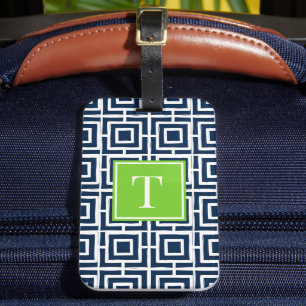 Preppy-Viereckgitter-Monogramm – Marineblau & Lime Gepäckanhänger