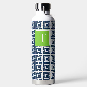 Preppy-Viereckgitter-Monogramm – Marineblau & Lime Trinkflasche