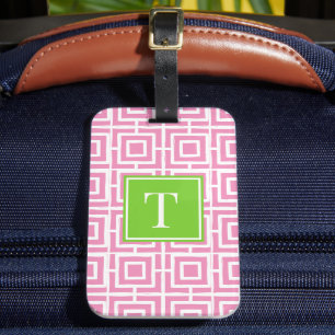 Preppy-Viereckgitter-Monogramm – Pink & Limette Gepäckanhänger