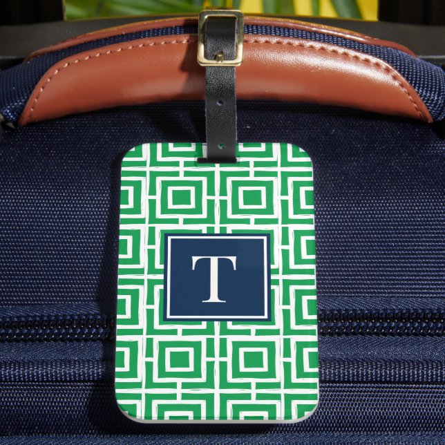 Preppy-Viergitter-Monogramm - Grün & Navy Gepäckanhänger (Vorderseite Insitu 2)