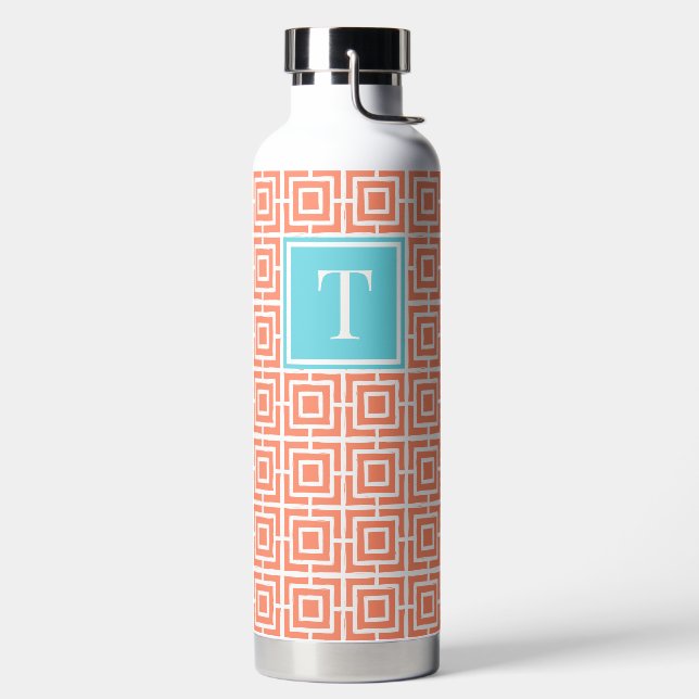 Preppy-Viergitter-Monogramm - Koralle & Türkis Trinkflasche (links)