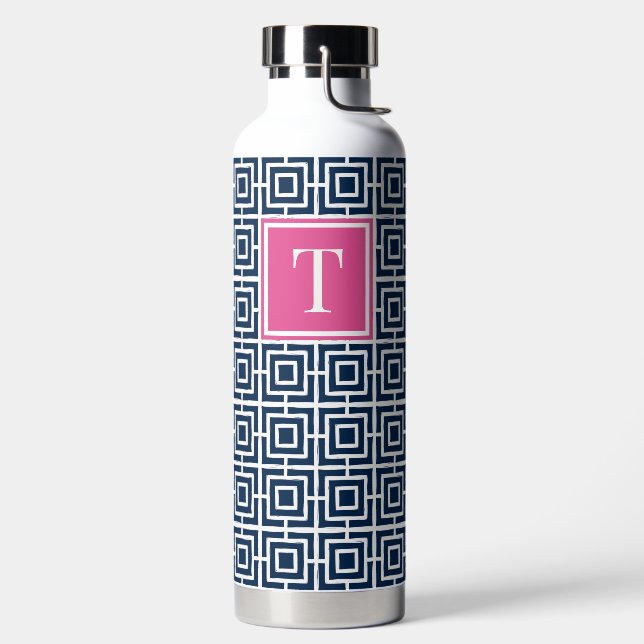Preppy-Viergitter-Monogramm – Marineblau & Hot Pin Trinkflasche (links)