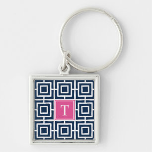 Preppy-Viergitter-Monogramm - Navy & Hot Pink Schlüsselanhänger