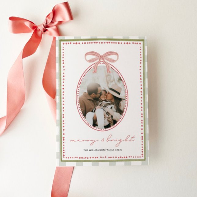 Preppy Vintag Pink Bow Familie Foto Weihnachten (Preppy Pink Watercolor Family Photo Christmas Card)