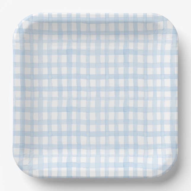 Preppy Watercolor Blue Gingham Pappteller (Vorderseite)