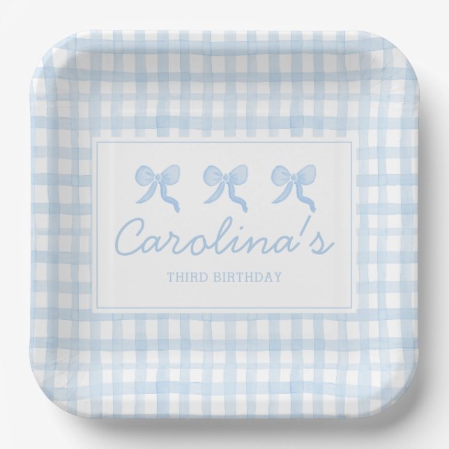 Preppy Watercolor Blue Gingham Personalisiert Pappteller (Vorderseite)
