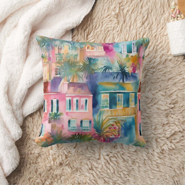 Preppy Watercolor Charleston Houses Kissen (Decke)