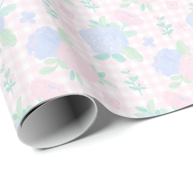 Preppy Watercolor Floral Gingham Birthday Geschenkpapier (Rolleneckpunkt)