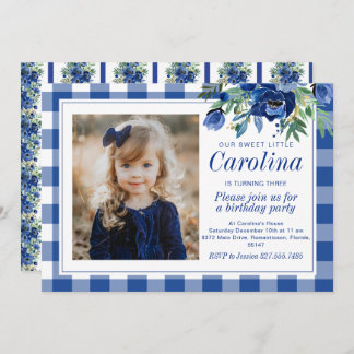 Preppy Watercolor Navy Blue Florals Gingham Einladung