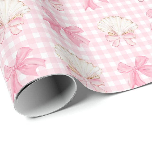 Preppy Watercolor Seashells auf Pink Gingham Geschenkpapier (Rolleneckpunkt)