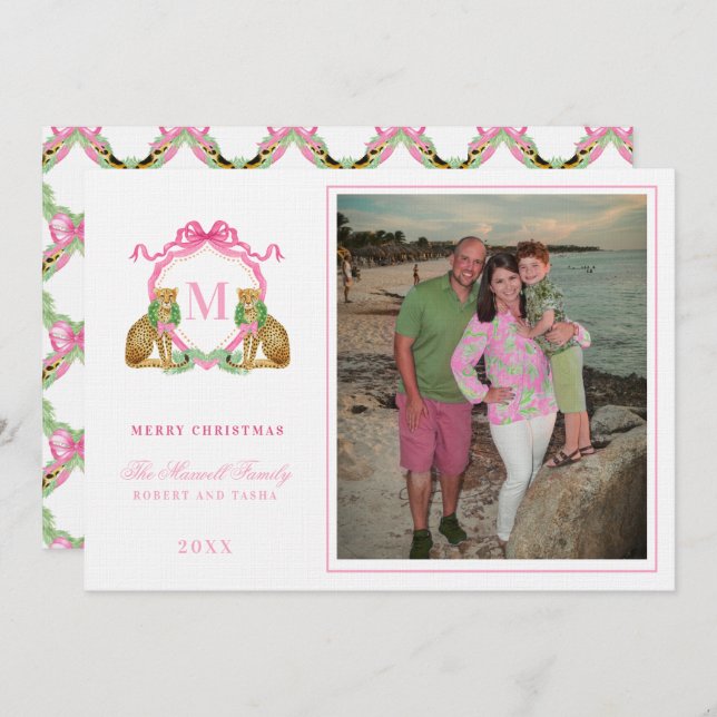 Preppy-Weihnachten-Leoparden-Wappen-Monogramm  Einladung (Vorne/Hinten)