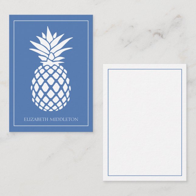 Preppy White Pineapple on Blue Mitteilungskarte (Vorne/Hinten)