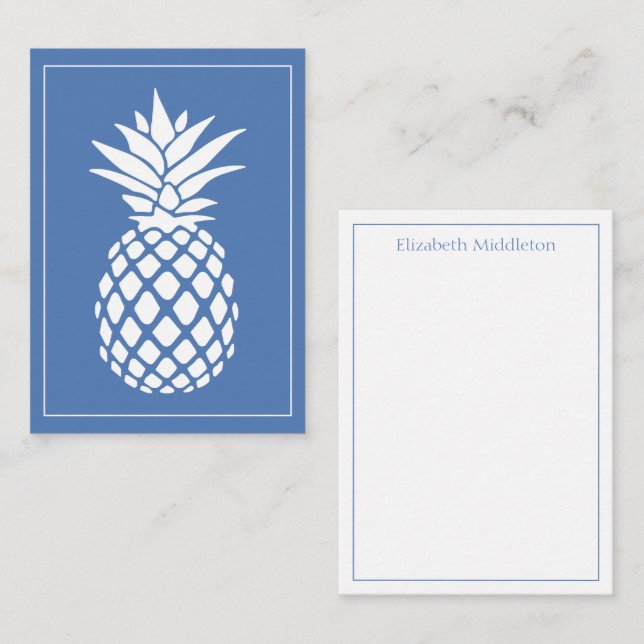 Preppy White Pineapple on Blue Mitteilungskarte (Vorne/Hinten)