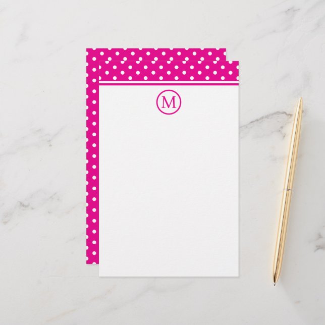 Preppy White Polka Dots auf hellrosa Monogramm Briefpapier (Vorderseite/Rückseite Beispiel)