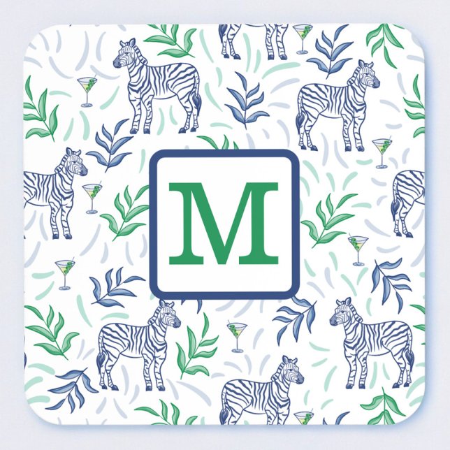 Preppy White Zebra Martinis Green Monogram Getränkeuntersetzer (Von Creator hochgeladen)