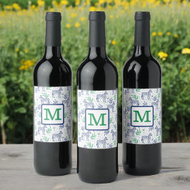 Preppy White Zebra Martinis Green Monogram Weinetikett