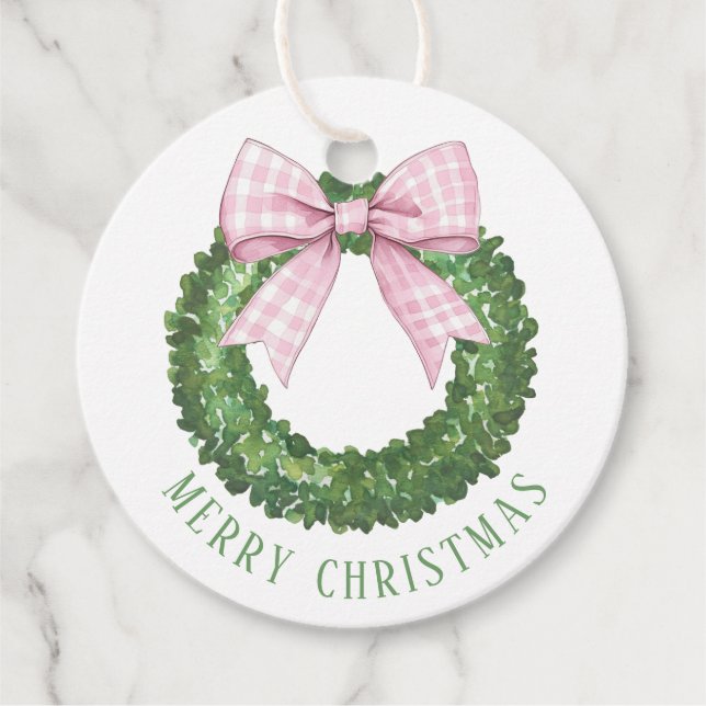 Preppy Wreath mit Pink Gingham Bow Geschenkanhänger (Vorderseite)