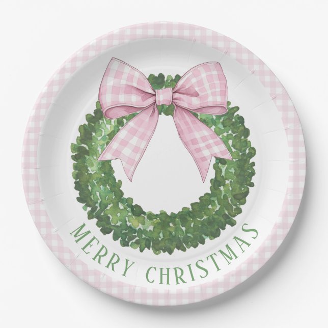 Preppy Wreath mit Pink Gingham Bow Pappteller (Vorderseite)