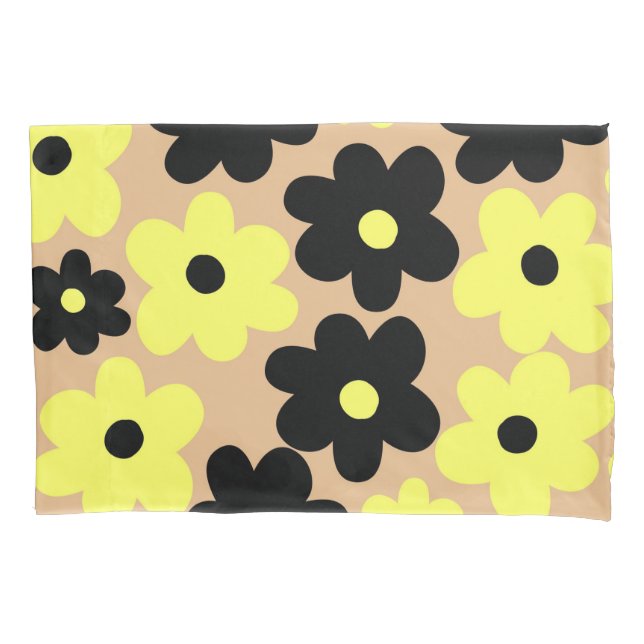 Preppy Yellow Black Hippie Blume Pattern Kissenbezug (Vorderseite)