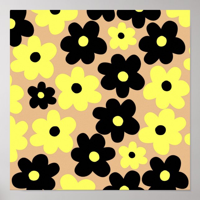 Preppy Yellow Black Hippie Blume Pattern Poster (Vorne)