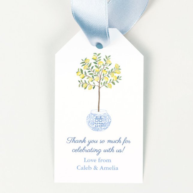 Preppy Yellow Lemon Tree Polterabend Geschenkanhänger (Elegant chinoiserie citrus lemon tree in blue and white ginger jar planter couples shower favor tags)