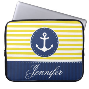 Preppy Yellow Navy Nautic Anchor Individuelle Name Laptopschutzhülle