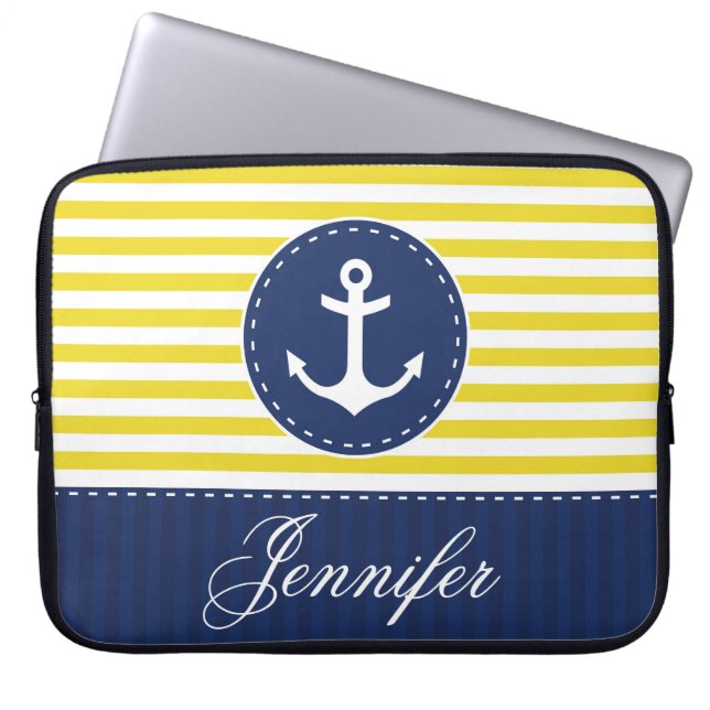 Preppy Yellow Navy Nautic Anchor Individuelle Name Laptopschutzhülle (Vorderseite)