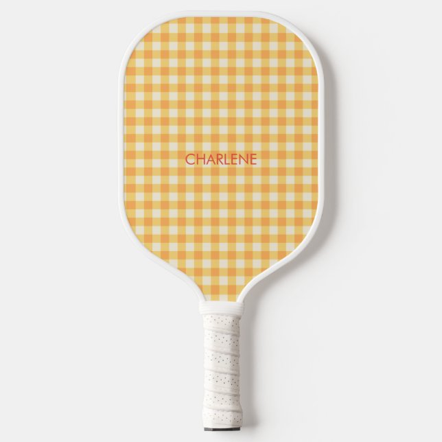 Preppy Yellow Orange Ish Gingham Kariert Pickleball Schläger (Vorderseite)