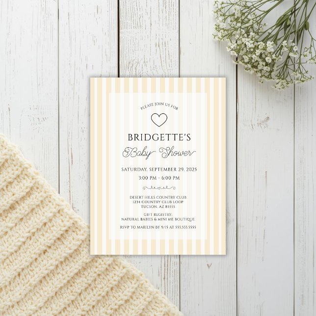 Preppy Yellow Stripe Baby Shower Pocket Invitation Postkarte (Elegant butter yellow baby shower pocket invitation postcard size for preppy event with simple heart)