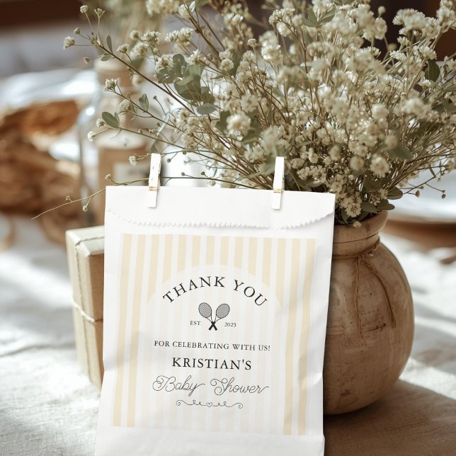 Preppy Yellow Tennis Chic Baby Dusche Danke Geschenktütchen (elegant yellow and white striped tennis theme baby shower favor bags for thank you gifts goodie bags)