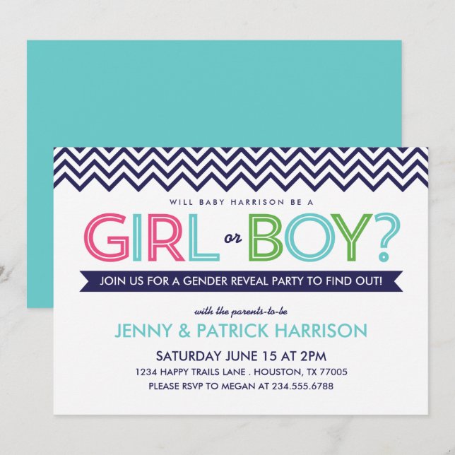 Preppy Zickzack Baby Gender Reveal Party Einladung (Vorne/Hinten)