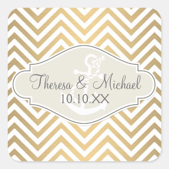 Preppy Zickzack Strip Moderner Nautical Anker Quadratischer Aufkleber (Vorderseite)