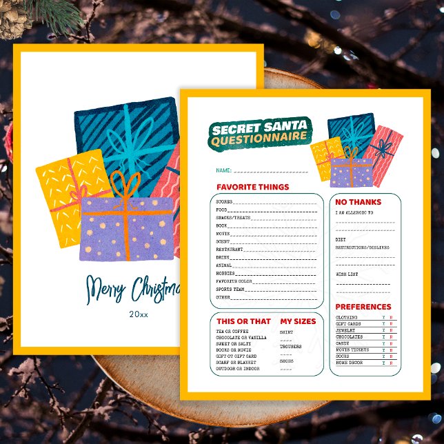 Present Christmas Game Secret Santa Questionnaire (Front and Back)