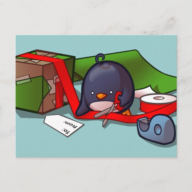 Present Wrapping Pinguin Postcard Postkarte (Vorderseite)