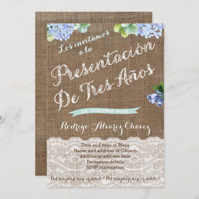 Presentación de Tres Años de niño Einladung (Vorne/Hinten)