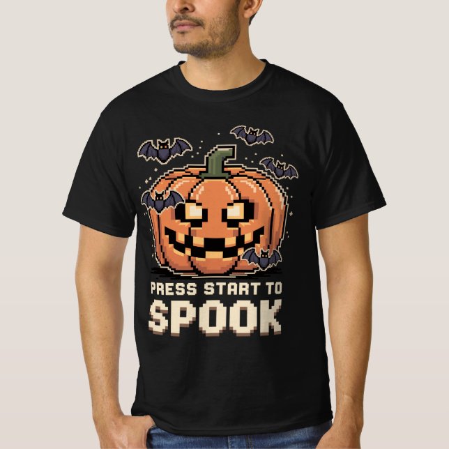 Press Start to Spook - Pixel Kürbis Halloween T-Shirt (Vorderseite)