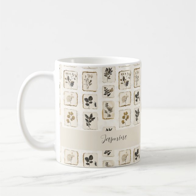 Pressed Flower Collage Name Botanische Farmhaus Kaffeetasse (Links)