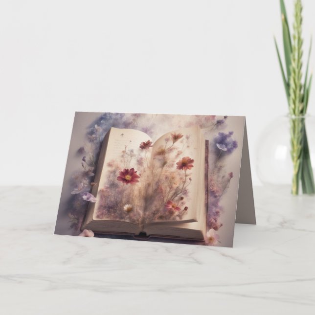 Pressed flowers growing from a book Birthday Karte (Vorderseite)