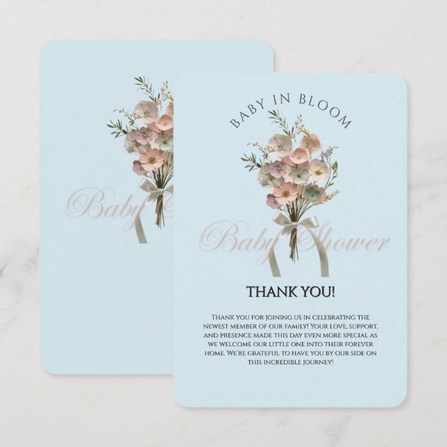 Pressed Wildblume Baby in Bloom Boho Babydusche Dankeskarte (Vorne/Hinten)