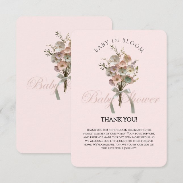 Pressed Wildblume Baby in Bloom Boho Babydusche Dankeskarte (Vorne/Hinten)