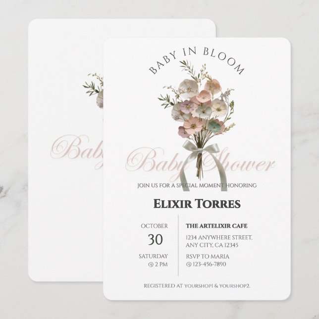 Pressed Wildblume Baby in Bloom Boho Babydusche Einladung (Vorne/Hinten)