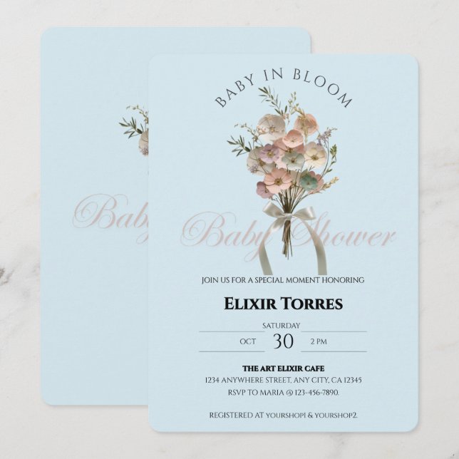 Pressed Wildblume Baby in Bloom Boho Babydusche Einladung (Vorne/Hinten)